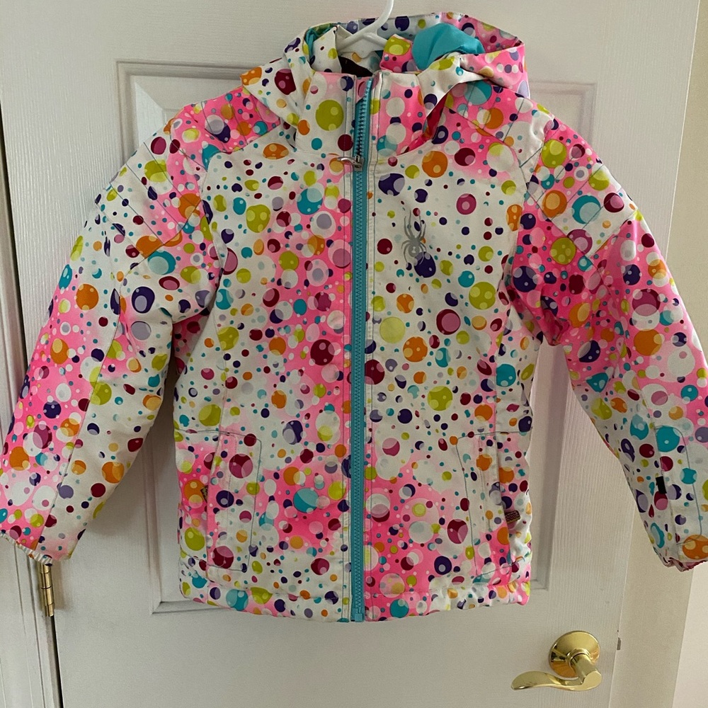 Spyder Kids White Multicolor Dot Hooded Puffer Ski Jacket